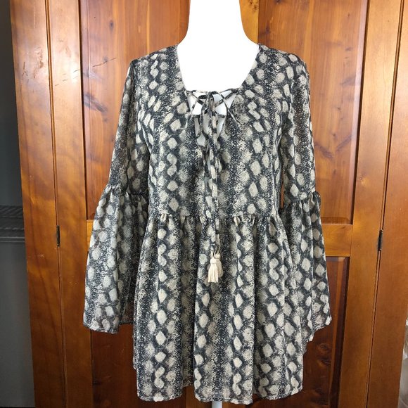 SHOW ME YOUR MUMU Boho Snake Print Poet Sheer Balloon Bell sleeve Fairycore Top - Picture 3 of 13